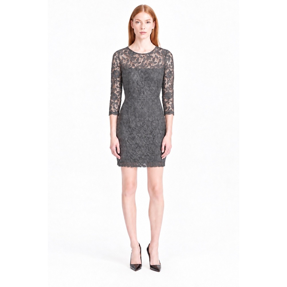 J Crew Collection Lace Sheath Dress 12 Gray Floral 3/4 Sleeve B7363